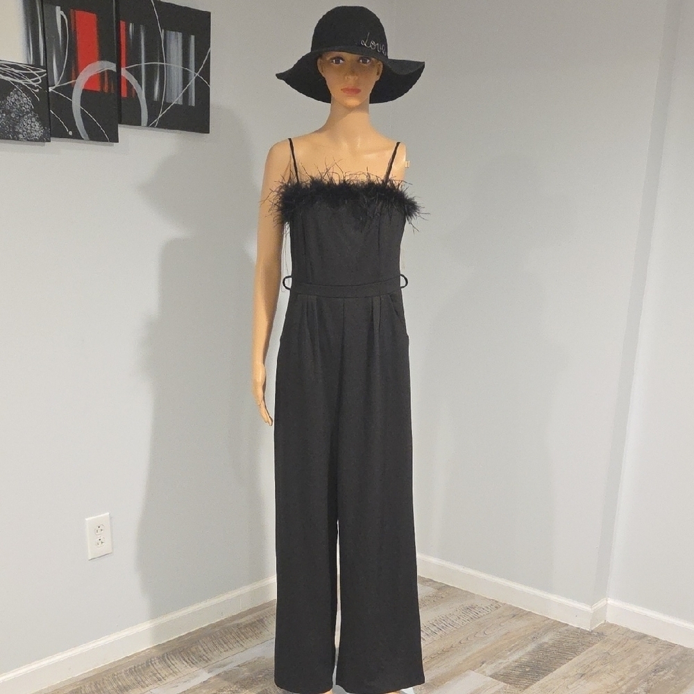 Emerald Sundae Black Jumpsuit with Feather Accent